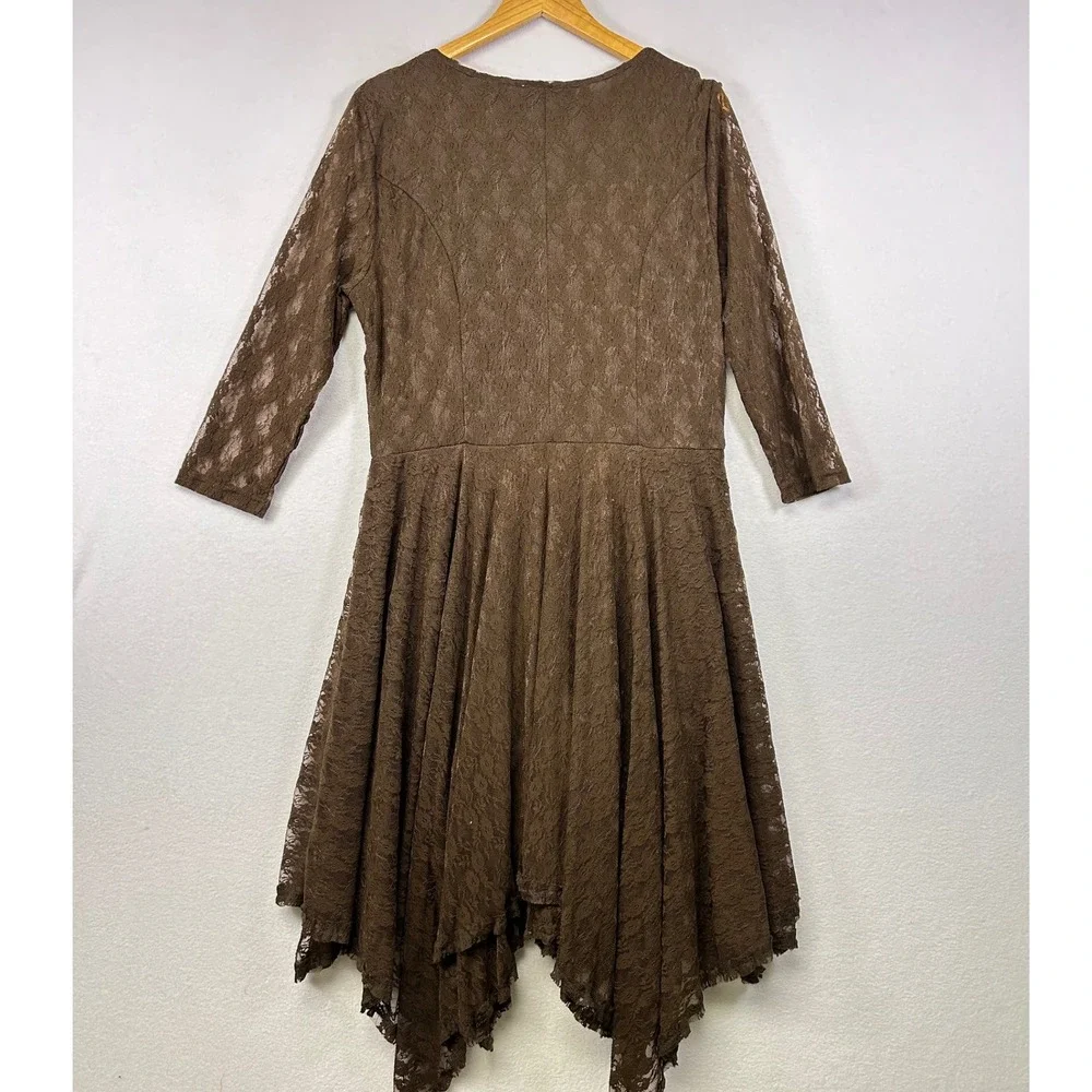 Back in the Saddle Brown Lace Midi Dress with Asymmetrical‎ Hem Size L - Picture 2 of 9